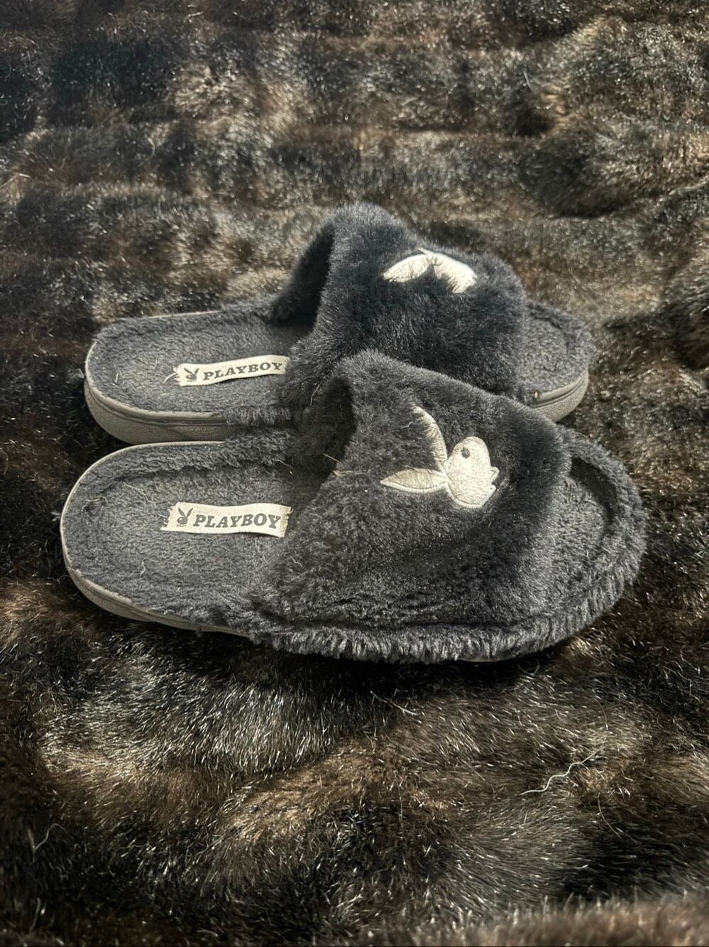 Playboy Bunny  Shaggy Slippers Black Faux Shoes S 6.5 - 7.5